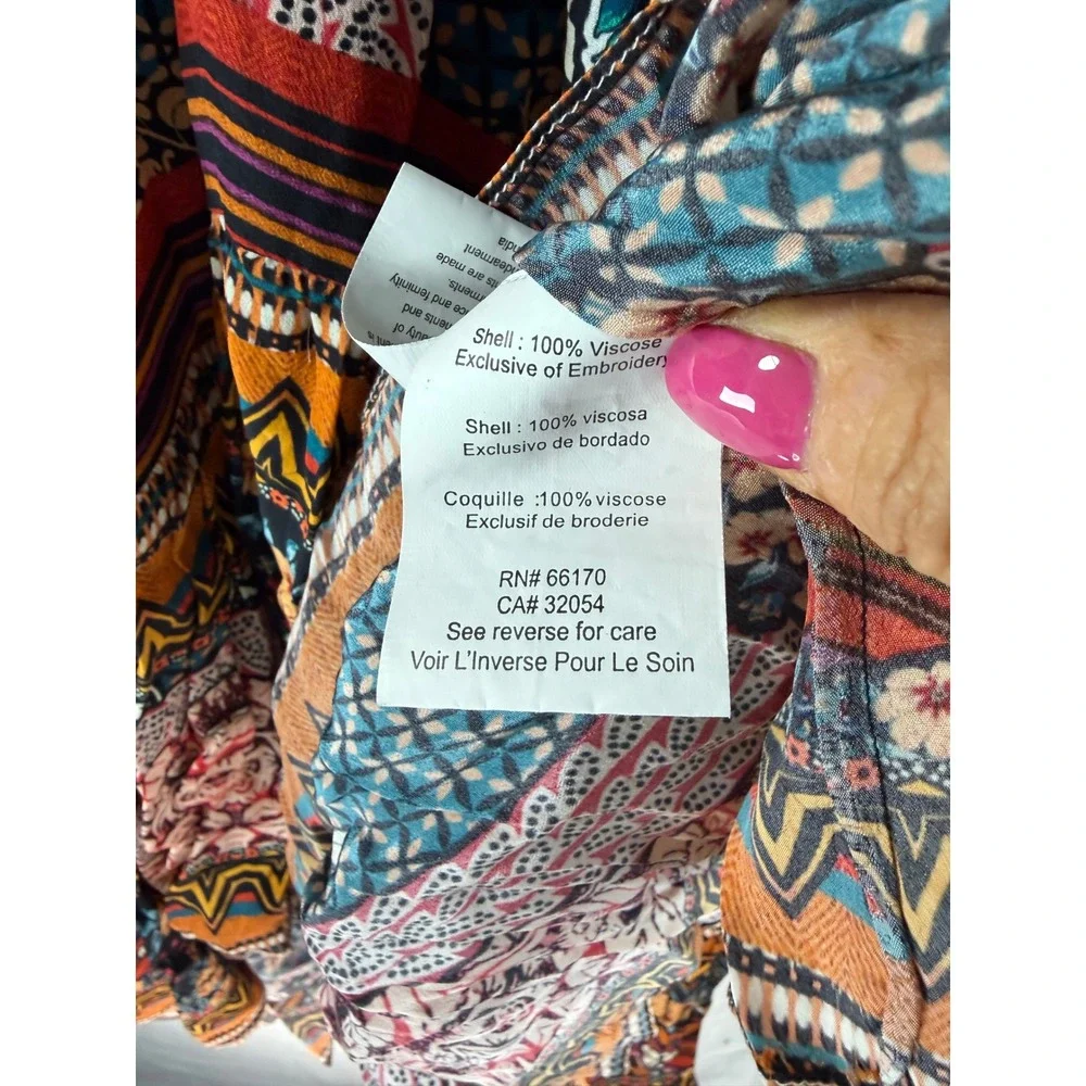 Boho Mixed Print High Low Maxi Skirt with Embroidered Beaded Waistband Viscose - Picture 8 of 9